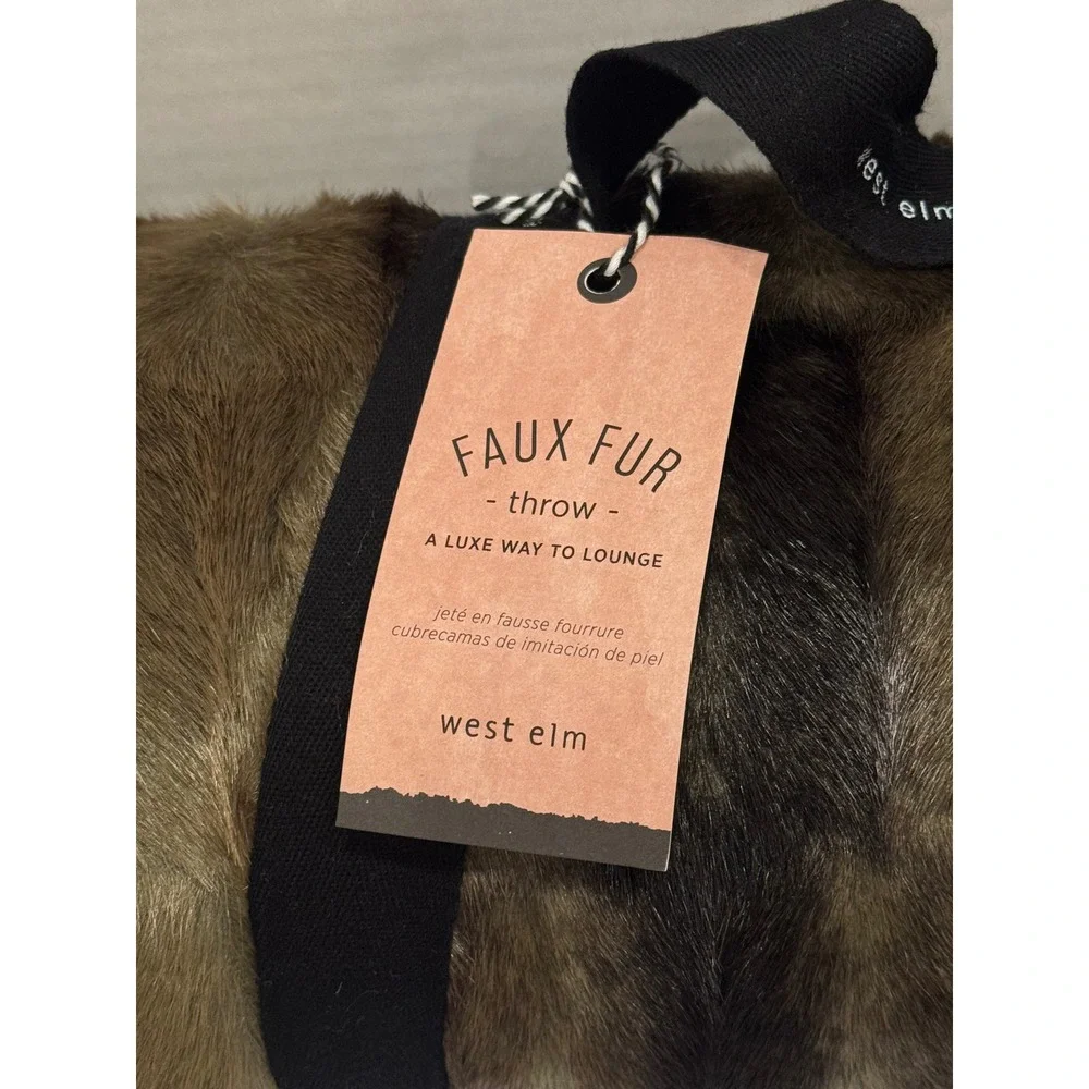 NEW West Elm Faux Fur Throw Blanket 47x60 Brown Offset Stripe Luxury Home Gift